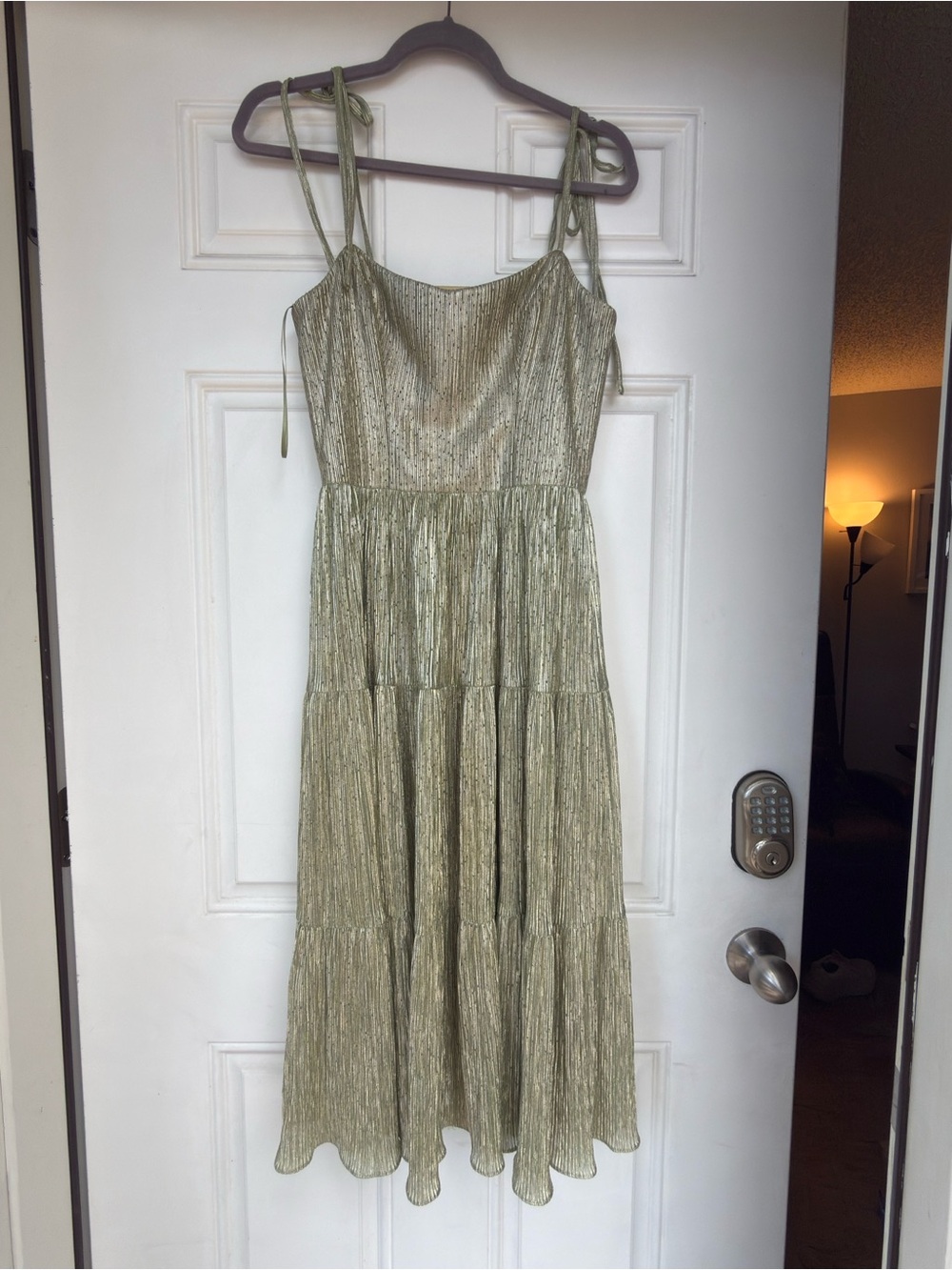 Dress the Population Olive Metallic Tiered Maxi with Tie Straps